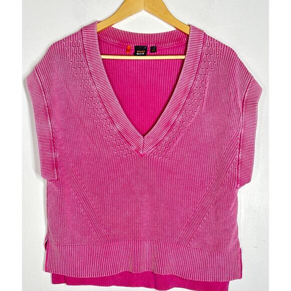 Boss Furray Knit Top Relaxed Fit Short Sleeve V-Neck Sweater Pink Large - Picture 3 of 10